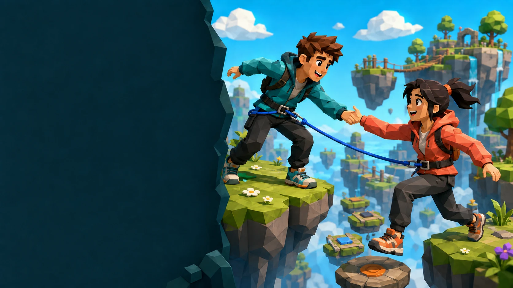 Rio and Luna connected by a blue rope above the floating islands of Forest Hills